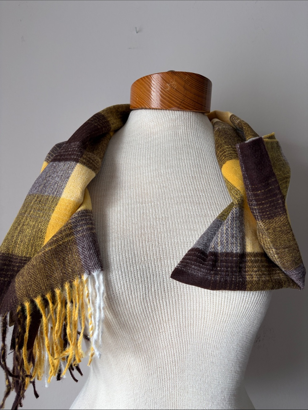 Plaid Fringe Scarf in Yellow, Brown & Gray